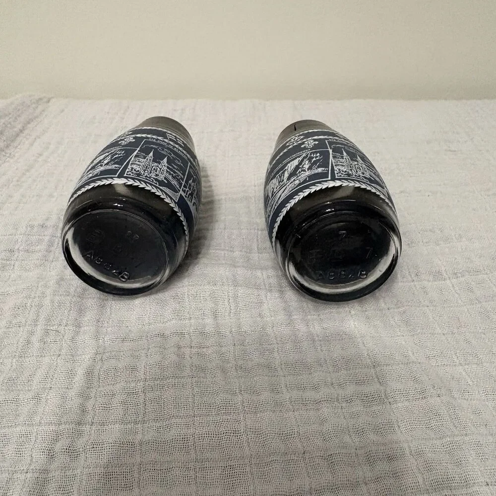Quebec Canada Glass Salt and Pepper Shakers Blue with White Landmarks